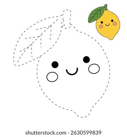 Lemon coloring pages for kids. Trace and color Lemon. Lemon fruit flashcard for kids vector illustration. Letters L is for Lemon. Fun fruit worksheets printable for kids activity.