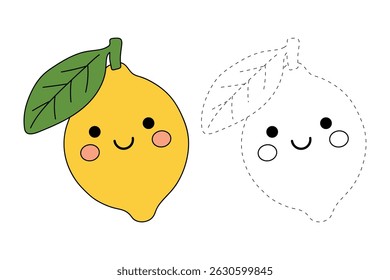 Lemon coloring pages for kids. Trace and color Lemon. Lemon fruit flashcard for kids vector illustration. Letters L is for Lemon. Fun fruit worksheets printable for kids activity.