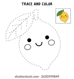 Lemon coloring pages for kids. Trace and color Lemon. Lemon fruit flashcard for kids vector illustration. Letters L is for Lemon. Fun fruit worksheets printable for kids activity.