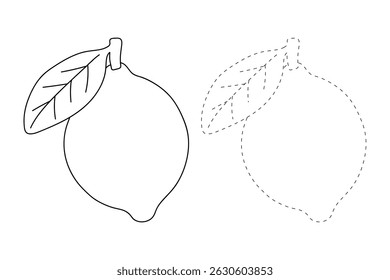 Lemon coloring pages for kids. Trace and color Lemon. Lemon fruit flashcard for kids vector illustration. Letters L is for Lemon. Fun fruit worksheets printable for kids activity.