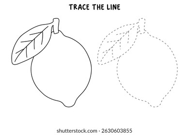 Lemon coloring pages for kids. Trace and color Lemon. Lemon fruit flashcard for kids vector illustration. Letters L is for Lemon. Fun fruit worksheets printable for kids activity.