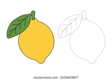 Lemon coloring pages for kids. Trace and color Lemon. Lemon fruit flashcard for kids vector illustration. Letters L is for Lemon. Fun fruit worksheets printable for kids activity.