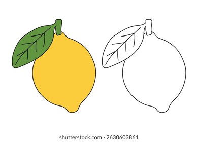Lemon coloring pages for kids. Trace and color Lemon. Lemon fruit flashcard for kids vector illustration. Letters L is for Lemon. Fun fruit worksheets printable for kids activity.