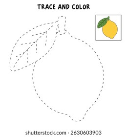Lemon coloring pages for kids. Trace and color Lemon. Lemon fruit flashcard for kids vector illustration. Letters L is for Lemon. Fun fruit worksheets printable for kids activity.