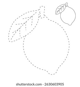 Lemon coloring pages for kids. Trace and color Lemon. Lemon fruit flashcard for kids vector illustration. Letters L is for Lemon. Fun fruit worksheets printable for kids activity.