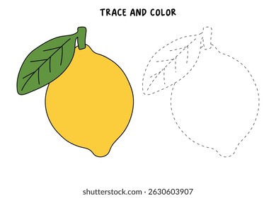 Lemon coloring pages for kids. Trace and color Lemon. Lemon fruit flashcard for kids vector illustration. Letters L is for Lemon. Fun fruit worksheets printable for kids activity.