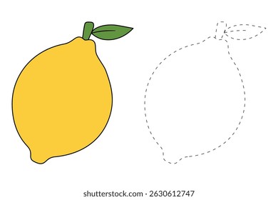 Lemon coloring pages for kids. Trace and color Lemon. Lemon fruit flashcard for kids vector illustration. Letters L is for Lemon. Fun fruit worksheets printable for kids activity.
