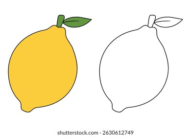 Lemon coloring pages for kids. Trace and color Lemon. Lemon fruit flashcard for kids vector illustration. Letters L is for Lemon. Fun fruit worksheets printable for kids activity.