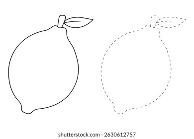 Lemon coloring pages for kids. Trace and color Lemon. Lemon fruit flashcard for kids vector illustration. Letters L is for Lemon. Fun fruit worksheets printable for kids activity.