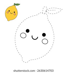 Lemon coloring pages for kids. Trace and color Lemon. Lemon fruit flashcard for kids vector illustration. Letters L is for Lemon. Fun fruit worksheets printable for kids activity.