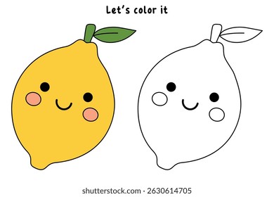 Lemon coloring pages for kids. Trace and color Lemon. Lemon fruit flashcard for kids vector illustration. Letters L is for Lemon. Fun fruit worksheets printable for kids activity.