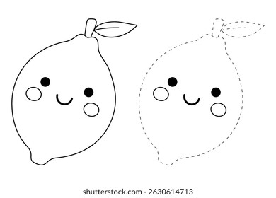 Lemon coloring pages for kids. Trace and color Lemon. Lemon fruit flashcard for kids vector illustration. Letters L is for Lemon. Fun fruit worksheets printable for kids activity.