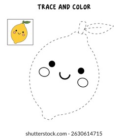 Lemon coloring pages for kids. Trace and color Lemon. Lemon fruit flashcard for kids vector illustration. Letters L is for Lemon. Fun fruit worksheets printable for kids activity.