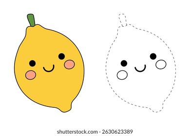Lemon coloring pages for kids. Trace and color Lemon. Lemon fruit flashcard for kids vector illustration. Letters L is for Lemon. Fun fruit worksheets printable for kids activity.