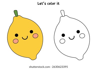 Lemon coloring pages for kids. Trace and color Lemon. Lemon fruit flashcard for kids vector illustration. Letters L is for Lemon. Fun fruit worksheets printable for kids activity.