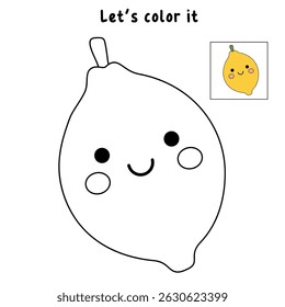 Lemon coloring pages for kids. Trace and color Lemon. Lemon fruit flashcard for kids vector illustration. Letters L is for Lemon. Fun fruit worksheets printable for kids activity.