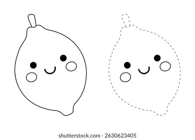 Lemon coloring pages for kids. Trace and color Lemon. Lemon fruit flashcard for kids vector illustration. Letters L is for Lemon. Fun fruit worksheets printable for kids activity.