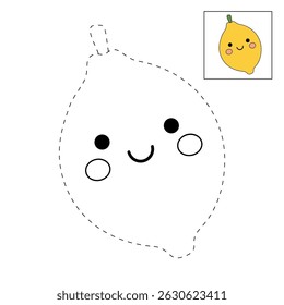Lemon coloring pages for kids. Trace and color Lemon. Lemon fruit flashcard for kids vector illustration. Letters L is for Lemon. Fun fruit worksheets printable for kids activity.