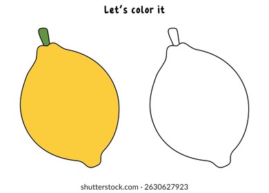 Lemon coloring pages for kids. Trace and color Lemon. Lemon fruit flashcard for kids vector illustration. Letters L is for Lemon. Fun fruit worksheets printable for kids activity.
