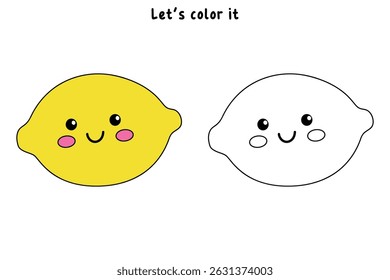 Lemon coloring pages for kids. Trace and color Lemon. Cute Lemon fruit flashcard for kids vector illustration. Letters L is for Lemon. Fun fruit worksheets printable for kids activity. 