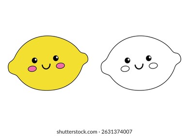 Lemon coloring pages for kids. Trace and color Lemon. Cute Lemon fruit flashcard for kids vector illustration. Letters L is for Lemon. Fun fruit worksheets printable for kids activity. 