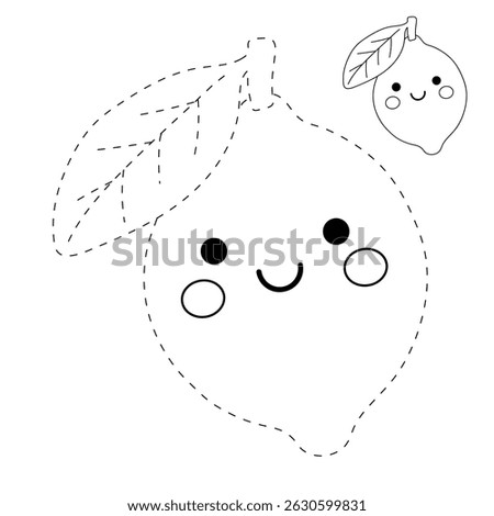 Lemon coloring pages for kids. Trace and color Lemon. Lemon fruit flashcard for kids vector illustration. Letters L is for Lemon. Fun fruit worksheets printable for kids activity.