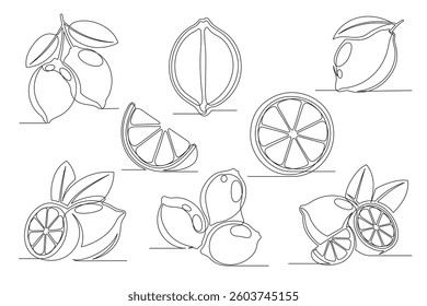 Lemon continuous one line drawing set. Outline lemon citrus icon collections isolated on a white background. Editable stroke. Vector illustration