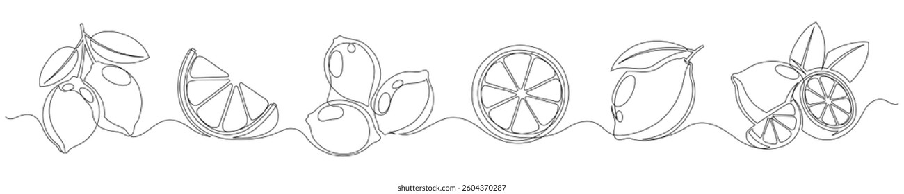 Lemon continuous one line drawing set isolated on a white background. Horizontal banner. Outline lemon citrus collections. Editable stroke. Vector illustration