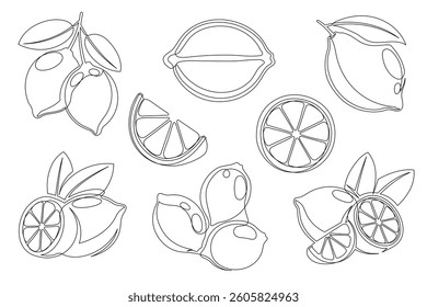 Lemon continuous one line drawing icon set. Editable stroke. Outline lemon citrus collections isolated on a white background. Vector illustration