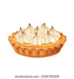 Lemon cream cartoon tartlet with meringue on top. Sweet small baked tart with yellow citrus curd. French bakery dessert, cuisine of France mascot, cartoon traditional lemon pie vector illustration