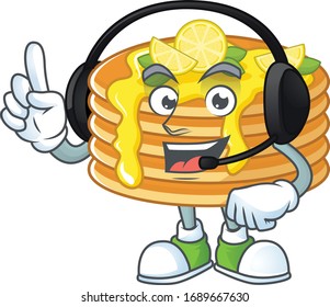 Lemon cream pancake cartoon character style speaking on headphone