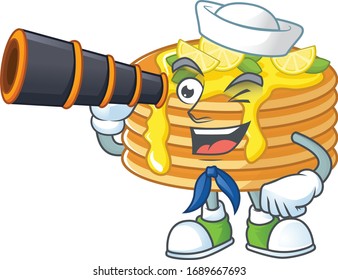 Lemon cream pancake in Sailor cartoon character style using a binocular