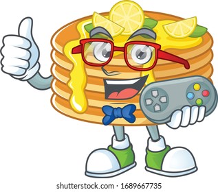 Lemon cream pancake talented gamer mascot design play game with controller