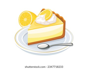 Ilustración vectorial de icono de crema de limón. Trozo de torta de limón amarillo con vectores de icono de crema batida aislado en un fondo blanco. Pieza de tarta de cítricos en un dibujo de plato