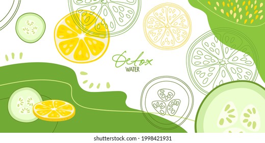 Lemon and cucumber on abstract background. Fresh farm vegetables for diet. Detox water. Flat design for menu, cafe, restaurant, banner, emblem, sticker, recipe design, summer party, beverage template