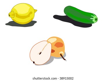 Lemon, cucumber, pears on a white background with shades.