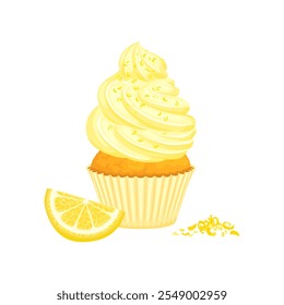 Lemon cupcake with bright yellow whipped cream and lemon zest. Vector cartoon flat illustration. Sweet food icon