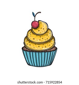 Lemon cupcake with cherry, vector