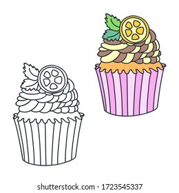 Lemon cupcake. Doodle illustrations (colored and black-n-white) of a lemon cupcake. Objects isolated on white. Vector 8 EPS.