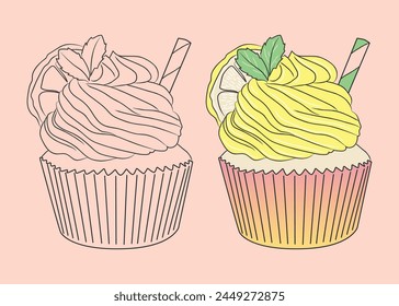 Lemon cupcake with frosting, lemon slice and mint. vector isolated food illustration