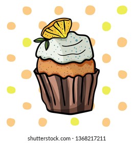 Lemon cupcake on polka dot background. Delicious treat for children and adults. - Vector. Vector illustration.