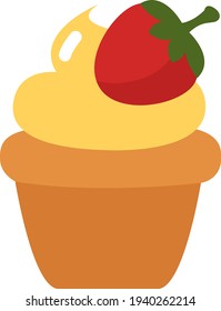 Lemon cupcake with strawberry, illustration, vector on a white background