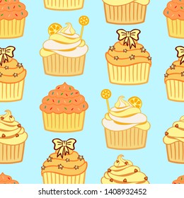Lemon cupcakes seamless pattern. Yellow cupcakes set
