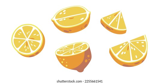 Lemon Cut in Different Pieces Isolated on White Icons Set. Exotic Citrus Fruits for Food and Cocktails Preparation. Fresh Organic Ingredients of Healthy Meal. Cartoon Vector Illustrations