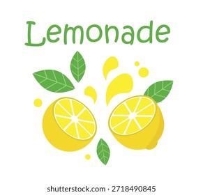 Lemon cut into 2 halves. Lemonade text.