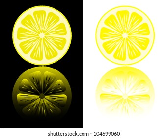 Lemon cut on a black and white background with reflection. Vector.