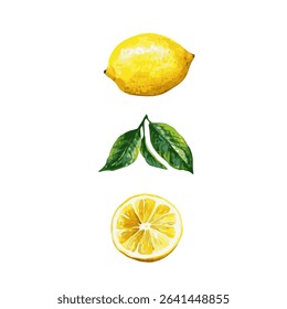 Conjunto de vetor de fatias cortadas de limão, coleção plana de frutas de limão picadas inteiras, metade e fatias