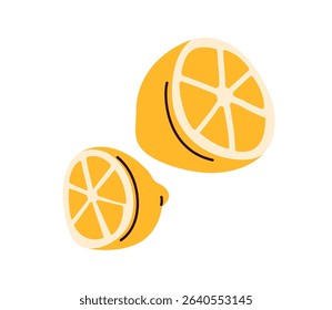 Lemon cut in two halves, pieces. Fresh yellow citrus fruit in cross-section, vitamin C. Natural healthy food ingredient. Tropical sour eating. Flat vector illustration isolated on white background