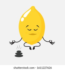 Lemon, cute, attractive, funny character with emotion, calm, poise, yoga, meditation. Vector illustration. For packaging, brochures, advertising, design, banner, label.