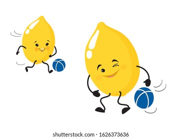 Lemon. Cute, attractive, funny characters play sports, chase the ball. Vector illustration. For packaging, brochures, advertising, design, banner, label.